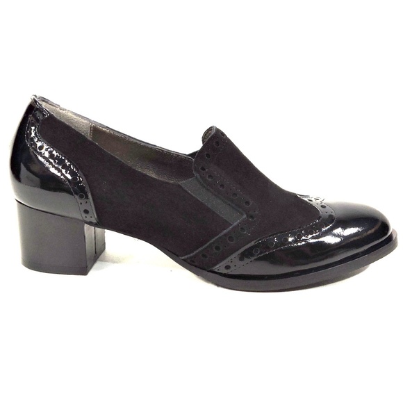 LUIGI TRAINI 🇮🇹 WOMENS BLACK PATENT LEATHER AND SUEDE COMFORT HEELED LOAFERS - Picture 4 of 8